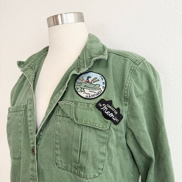Forever 21 Green Denim Jean Army Military Jacket Patches Lightweight M - Picture 3 of 7